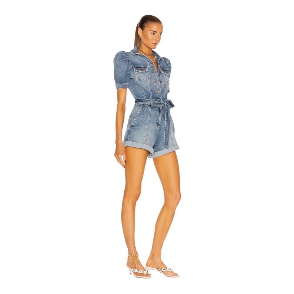RETROFETE Phoebe Denim Romper Puff Sleeve Belted L - Picture 5 of 16